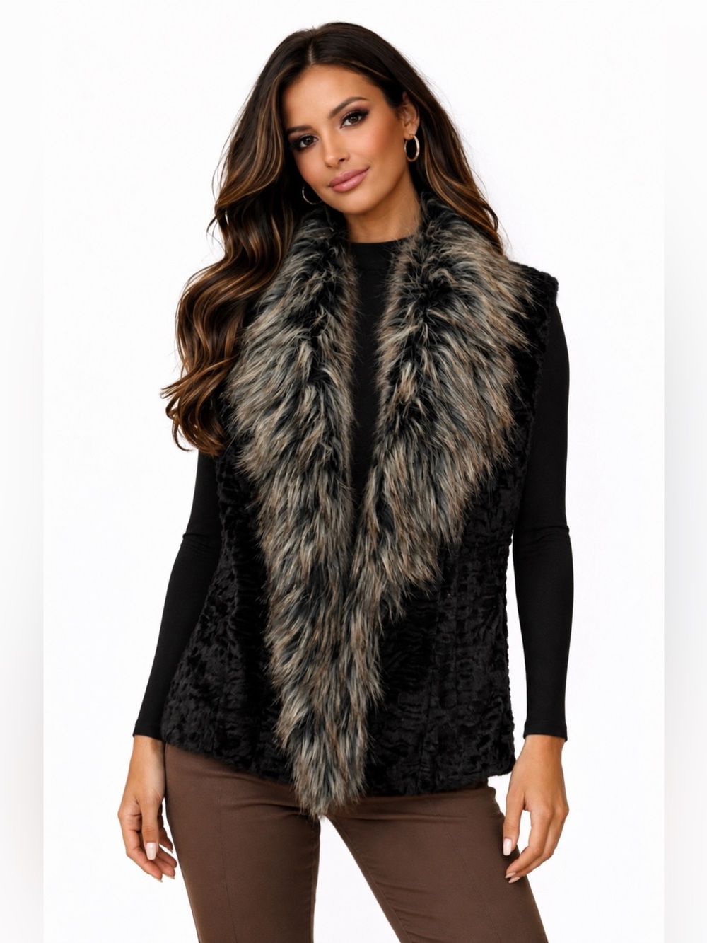 Elegant Fashion By Yelena Faux Fur Vest Women M Black Gray Lined Boho